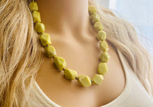 Load image into Gallery viewer, Lemon Lime Polished Agate GemStone Necklace green yellow, gold statement necklace jewelry, long beaded statement layering necklace