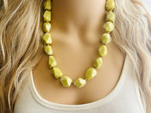 Load image into Gallery viewer, Lemon Lime Polished Agate GemStone Necklace green yellow, gold statement necklace jewelry, long beaded statement layering necklace