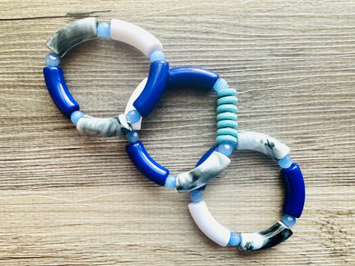 Cabana Weekend Statement bracelet, chunky bold bamboo bracelet, blue colorful beaded jewelry, chunky geometric turquoise black white
