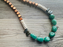 Load image into Gallery viewer, Vintage Wood + Agate Beaded long necklace, neutral beaded statement necklace, everyday gem stone chunky layering necklace glass green