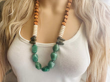 Load image into Gallery viewer, Vintage Wood + Agate Beaded long necklace, neutral beaded statement necklace, everyday gem stone chunky layering necklace glass green