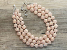 Load image into Gallery viewer, Coral Peach Glimmer Triple strand statement Necklace, peach Beaded Necklace, summer silver jewelry, bubble necklace bib light pink