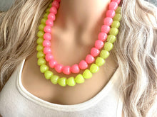 Load image into Gallery viewer, Gumdrop Lime &amp; Pink Beaded Necklace, Colorful Chunky statement, 2 strand thick jewelry, rainbow baby confetti earrings hot pink green