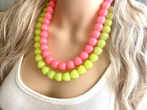 Gumdrop Lime & Pink Beaded Necklace, Colorful Chunky statement, 2 strand thick jewelry, rainbow baby confetti earrings hot pink green