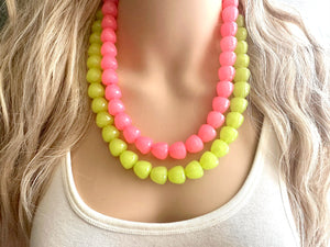 Gumdrop Lime & Pink Beaded Necklace, Colorful Chunky statement, 2 strand thick jewelry, rainbow baby confetti earrings hot pink green