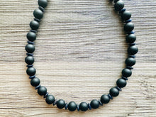 Load image into Gallery viewer, Black Wood Necklace, single strand jewelry, ball beaded chunky statement necklace, black necklace, drop black resin earrings tie dye glass