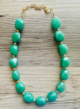 Load image into Gallery viewer, Clover Green Polished Agate GemStone Necklace green gold statement necklace jewelry, long beaded statement layering necklace gemstone