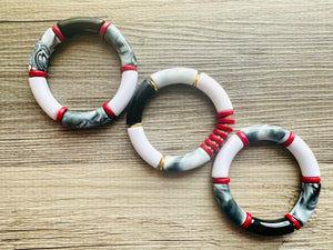 Cabana Weekend Statement bracelet, chunky bold bamboo bracelet, red shell colorful beaded jewelry, chunky geometric white gray gold black