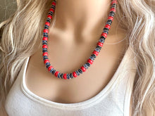 Load image into Gallery viewer, Americana Necklace, Red Howlite Single Strand Statement Jewelry, lipstick periwinkle navy blue Chunky bib bridesmaid jewelry necklace beaded