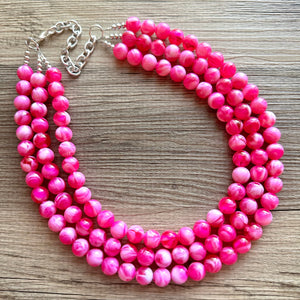 Hot Pink Pink Chunky Statement Necklace, 3 Strand Beaded Jewelry, Pink White cream jewelry, jewel tone mermaid bib dark pink earrings