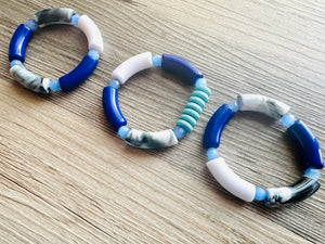 Cabana Weekend Statement bracelet, chunky bold bamboo bracelet, blue colorful beaded jewelry, chunky geometric turquoise black white