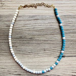 18K Gold Block Layering Cream & Blue Beaded 1 Strand Necklace, Colorful Jewelry, Chunky statement necklace, jelly bean necklace confetti