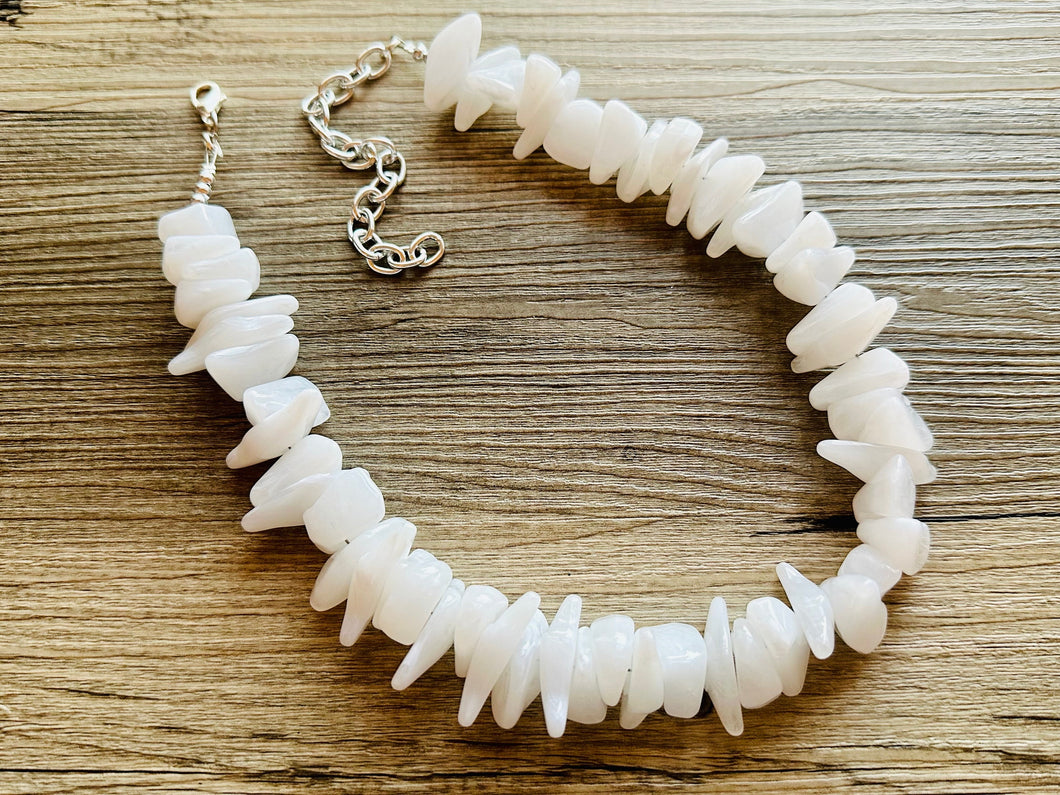 White Spikey Chunky Statement Necklace single Strand Beaded jewelry, bridesmaid bib wedding, white bubble necklace resin