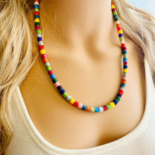 Load image into Gallery viewer, 18K Gold Block Layering Rainbow Beaded 1 Strand Necklace, Colorful Jewelry, Chunky statement necklace, jelly bean necklace confetti pride