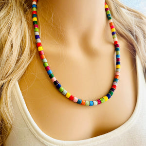 18K Gold Block Layering Rainbow Beaded 1 Strand Necklace, Colorful Jewelry, Chunky statement necklace, jelly bean necklace confetti pride