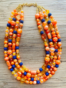 Mercury in Retrograde Orange Chunky Statement Necklace, Royal Blue rhinestone Big bib beaded jewelry, 4 Strand Statement Necklace