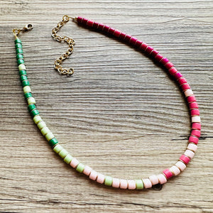 18K Gold Block Layering Pink & Green Beaded 1 Strand Necklace, Colorful Jewelry, Chunky statement necklace, jelly bean necklace confetti