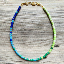 Load image into Gallery viewer, 18K Gold Block Layering Blue &amp; Green Beaded 1 Strand Necklace, Colorful Jewelry, Chunky statement necklace, jelly bean necklace confetti