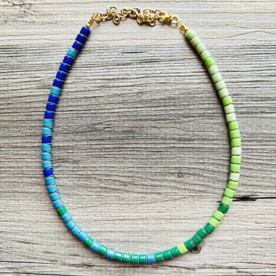 18K Gold Block Layering Blue & Green Beaded 1 Strand Necklace, Colorful Jewelry, Chunky statement necklace, jelly bean necklace confetti