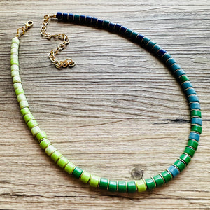 18K Gold Block Layering Blue & Green Beaded 1 Strand Necklace, Colorful Jewelry, Chunky statement necklace, jelly bean necklace confetti