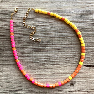 18K Gold Block Layering Pink Yellow Orange Beaded 1 Strand Necklace, Colorful Jewelry, Chunky statement, jelly bean necklace confetti