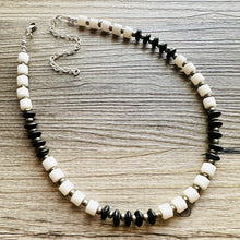 Load image into Gallery viewer, Black &amp; White Necklace OOAK multi strand jewelry, bib beaded chunky statement necklace, black necklace, bridesmaid necklace silver