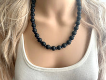 Load image into Gallery viewer, Black Wood Necklace, single strand jewelry, ball beaded chunky statement necklace, black necklace, drop black resin earrings tie dye glass