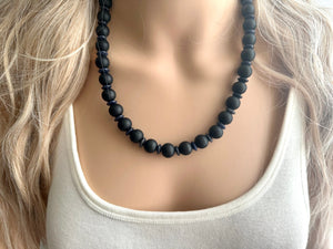 Black Wood Necklace, single strand jewelry, ball beaded chunky statement necklace, black necklace, drop black resin earrings tie dye glass