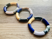 Load image into Gallery viewer, Cabana Weekend Statement bracelet, chunky bold bamboo bracelet, black white royal blue colorful beaded jewelry, chunky geometric