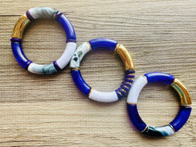 Load image into Gallery viewer, Cabana Weekend Statement bracelet, chunky bold bamboo bracelet, royal purple shell colorful beaded jewelry, chunky geometric white gray gold