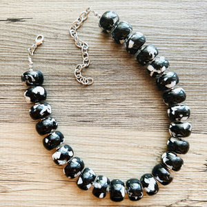 Black & White Chunky Statement Necklace single Strand Beaded jewelry, bridesmaid bib wedding, white bubble necklace resin