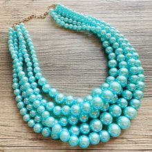 Load image into Gallery viewer, Turquoise Graduated Necklace, 5 strand jewelry, round beaded chunky statement necklace, blue necklace, light blue jewelry, formal drop long