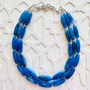 Royal Blue Triple Strand Statement Necklace, Chunky blue tube Beaded Bib Jewelry, blue jewelry, denim blue jewlery necklace silver