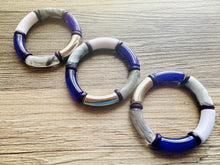 Load image into Gallery viewer, Cabana Weekend Statement bracelet, chunky bold bamboo bracelet, royal purple shell colorful beaded jewelry, chunky geometric white gray gold