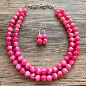 Hot Pink Pink Chunky Statement Necklace, 2 Strand Beaded Jewelry, Pink White cream jewelry, jewel tone mermaid bib dark pink earrings