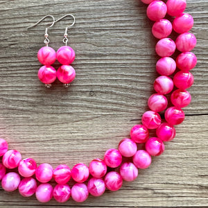 Hot Pink Pink Chunky Statement Necklace, 2 Strand Beaded Jewelry, Pink White cream jewelry, jewel tone mermaid bib dark pink earrings