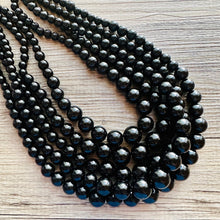 Load image into Gallery viewer, Black Graduated Necklace, 5 strand jewelry, round beaded chunky statement necklace, black necklace, black Pearl jewelry, formal drop long