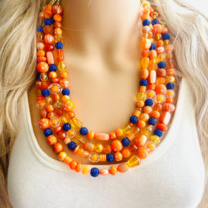 Mercury in Retrograde Orange Chunky Statement Necklace, Royal Blue rhinestone Big bib beaded jewelry, 4 Strand Statement Necklace