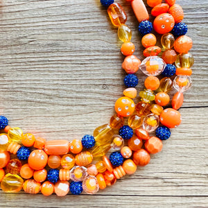 Mercury in Retrograde Orange Chunky Statement Necklace, Royal Blue rhinestone Big bib beaded jewelry, 4 Strand Statement Necklace