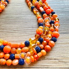Load image into Gallery viewer, Mercury in Retrograde Orange Chunky Statement Necklace, Royal Blue rhinestone Big bib beaded jewelry, 4 Strand Statement Necklace