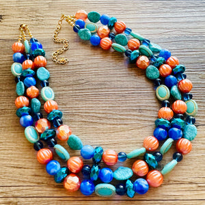 Fairy Dust Statement Necklace, multi Strand Beaded Jewelry, Blue Orange jewelry, gold and blue necklace, turquoise coral aqua big beaded