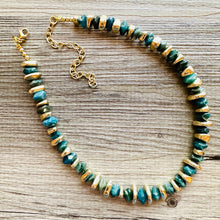 Load image into Gallery viewer, Natural Hawks Eye Emerald Chunky Statement Necklace, layering gem jewelry beaded gold single strand beaded, OOAK green gold gemstone