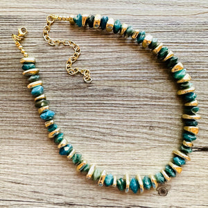 Natural Hawks Eye Emerald Chunky Statement Necklace, layering gem jewelry beaded gold single strand beaded, OOAK green gold gemstone