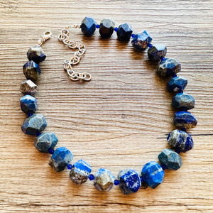 Natural Lapis Lazuli Beaded 1 strand Statement Necklace, Chunky Bib Single Jewelry stone jewelry, gemstone layering dark blue navy