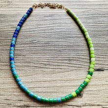 Load image into Gallery viewer, 18K Gold Block Layering Blue &amp; Green Beaded 1 Strand Necklace, Colorful Jewelry, Chunky statement necklace, jelly bean necklace confetti