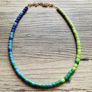 18K Gold Block Layering Blue & Green Beaded 1 Strand Necklace, Colorful Jewelry, Chunky statement necklace, jelly bean necklace confetti