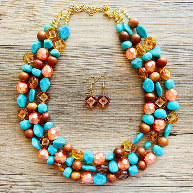 Morning Light Statement Necklace, multi Strand Beaded Jewelry, Blue Orange jewelry, gold and blue necklace, turquoise coral aqua big beaded