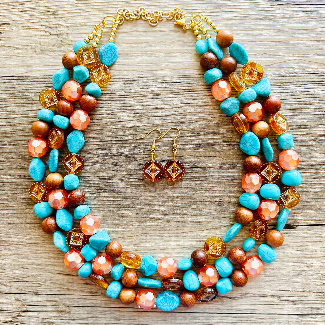 Morning Light Statement Necklace, multi Strand Beaded Jewelry, Blue Orange jewelry, gold and blue necklace, turquoise coral aqua big beaded