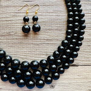 Black Graduated Necklace, 3 strand jewelry, round beaded chunky statement necklace, black necklace, black Pearl jewelry, formal drop long