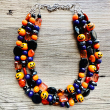 Load image into Gallery viewer, Orange Black &amp; Purple Halloween Necklace, Triple strand orange jewelry, jack O Lantern pumpkin chunky big bead statement necklace